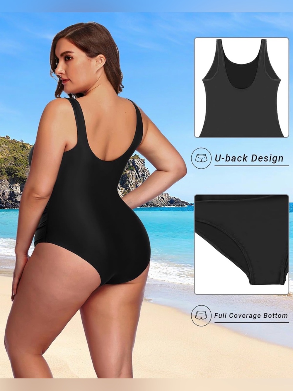 Daci Black One Piece Swimsuit Athletic Tummy Control Ruched XL NWT - Picture 4 of 10